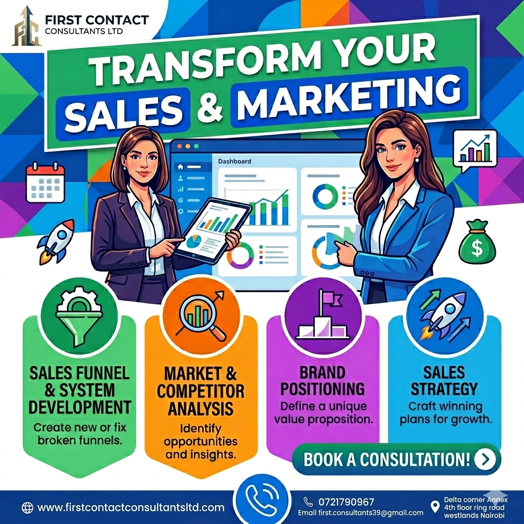 First Contact Consultants — Transform your sales and marketing: sales funnel & system development, market & competitor analysis, brand positioning, and sales strategy.